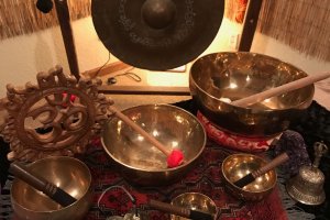 Gongs & Singing Bowls w/ Om Aum Spiritual Buddhist Symbol